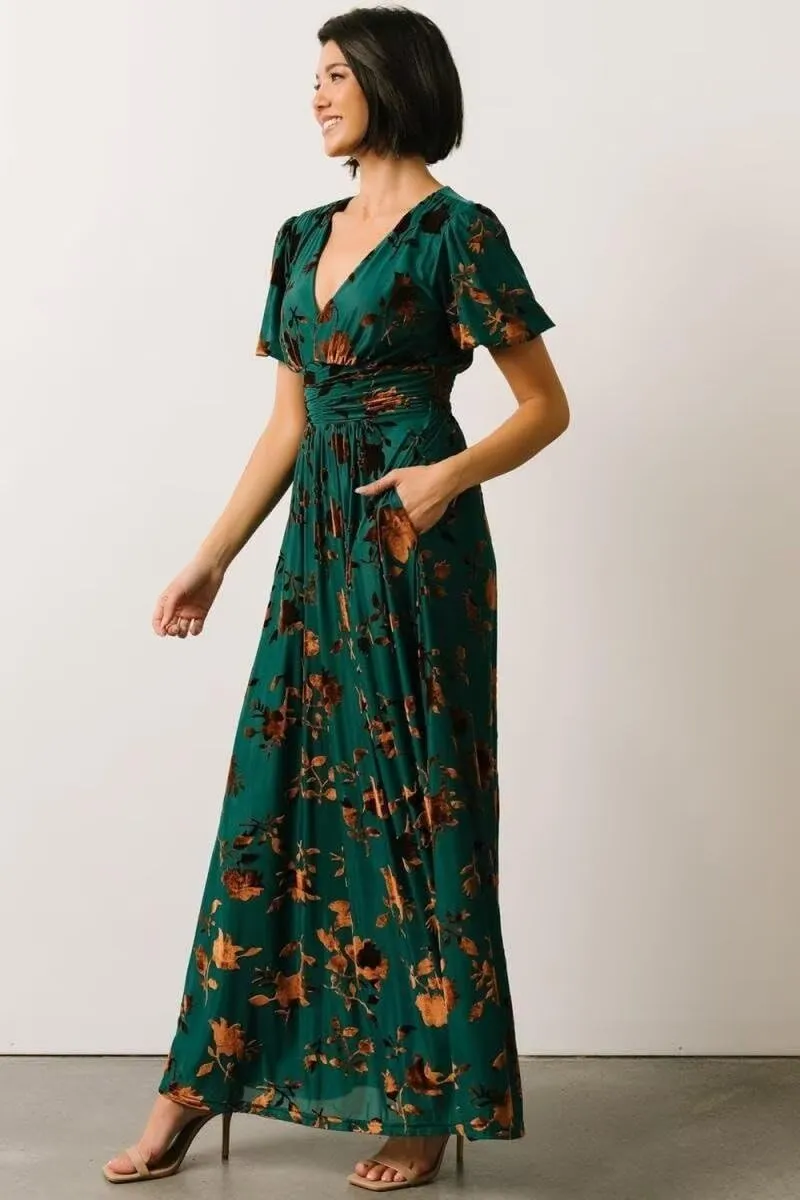 Velvet Dress for Women Burnout Floral Maxi Dress V Neck Puffy Sleeve Formal Evening Party Gowns