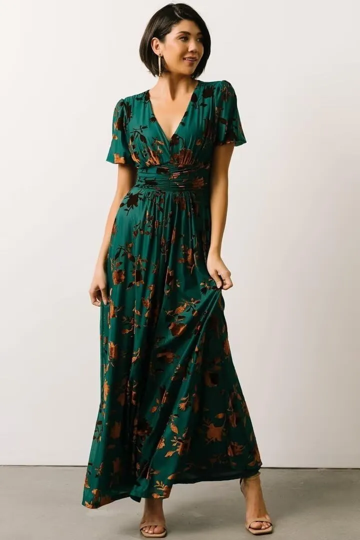 Velvet Dress for Women Burnout Floral Maxi Dress V Neck Puffy Sleeve Formal Evening Party Gowns