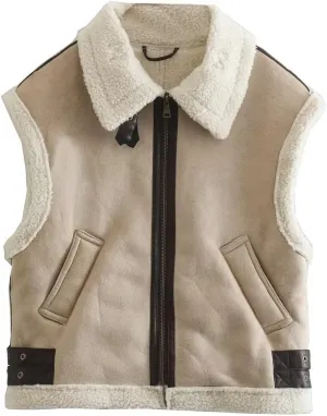 Womens Fashion Sherpa Vest Sleeveless Stand Collar Zip Up Cropped Moto Biker Coat Short Fleece Padded Gilet Outerwear
