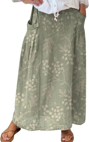 Women's Floral Skirts Long Boho Linen Skirts Casual Summer Vintage Elastic Waist Vacation Beach Skirts with Pockets