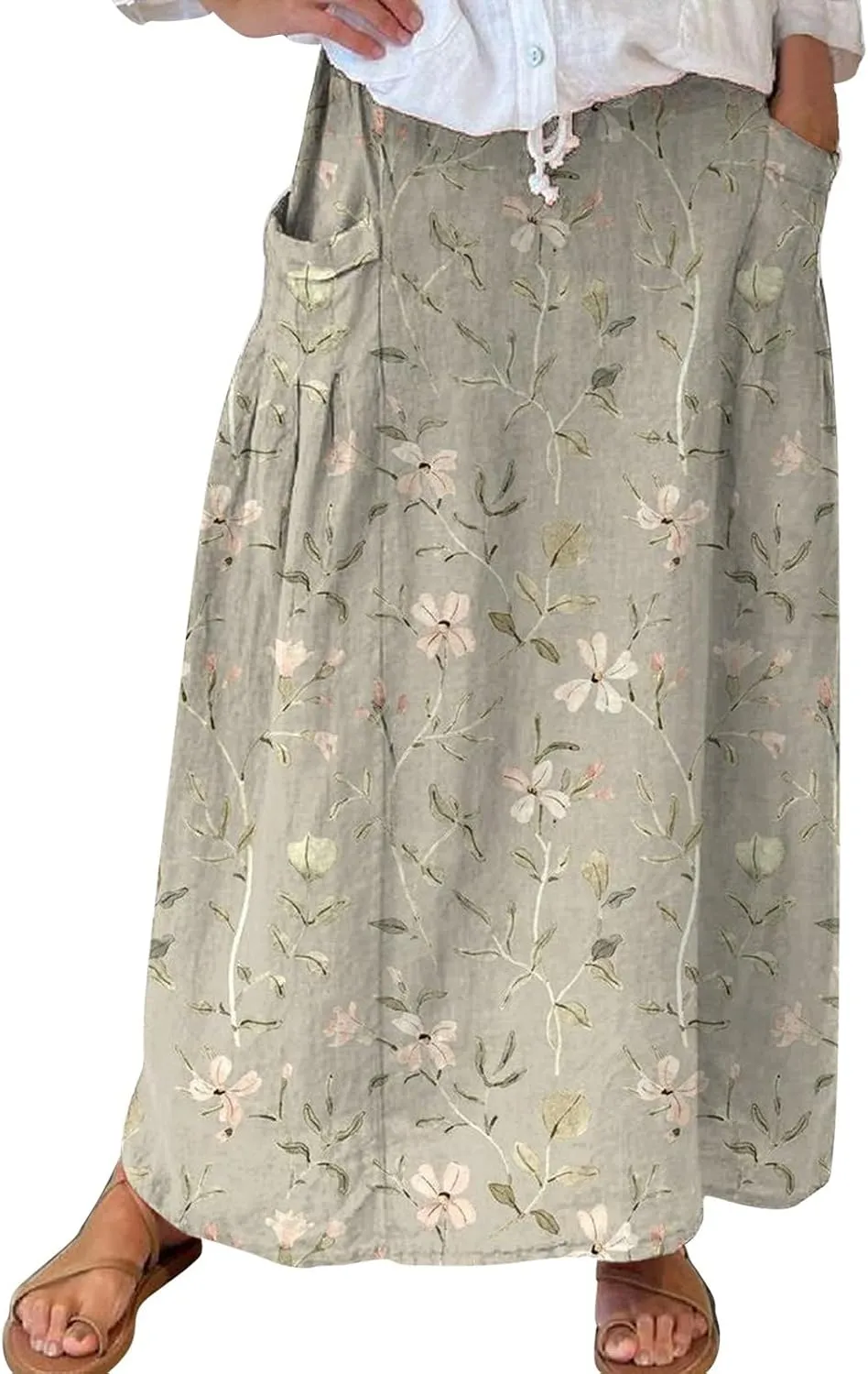 Women's Floral Skirts Long Boho Linen Skirts Casual Summer Vintage Elastic Waist Vacation Beach Skirts with Pockets