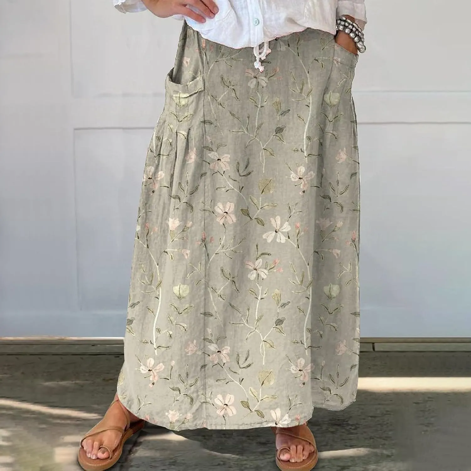 Women's Floral Skirts Long Boho Linen Skirts Casual Summer Vintage Elastic Waist Vacation Beach Skirts with Pockets