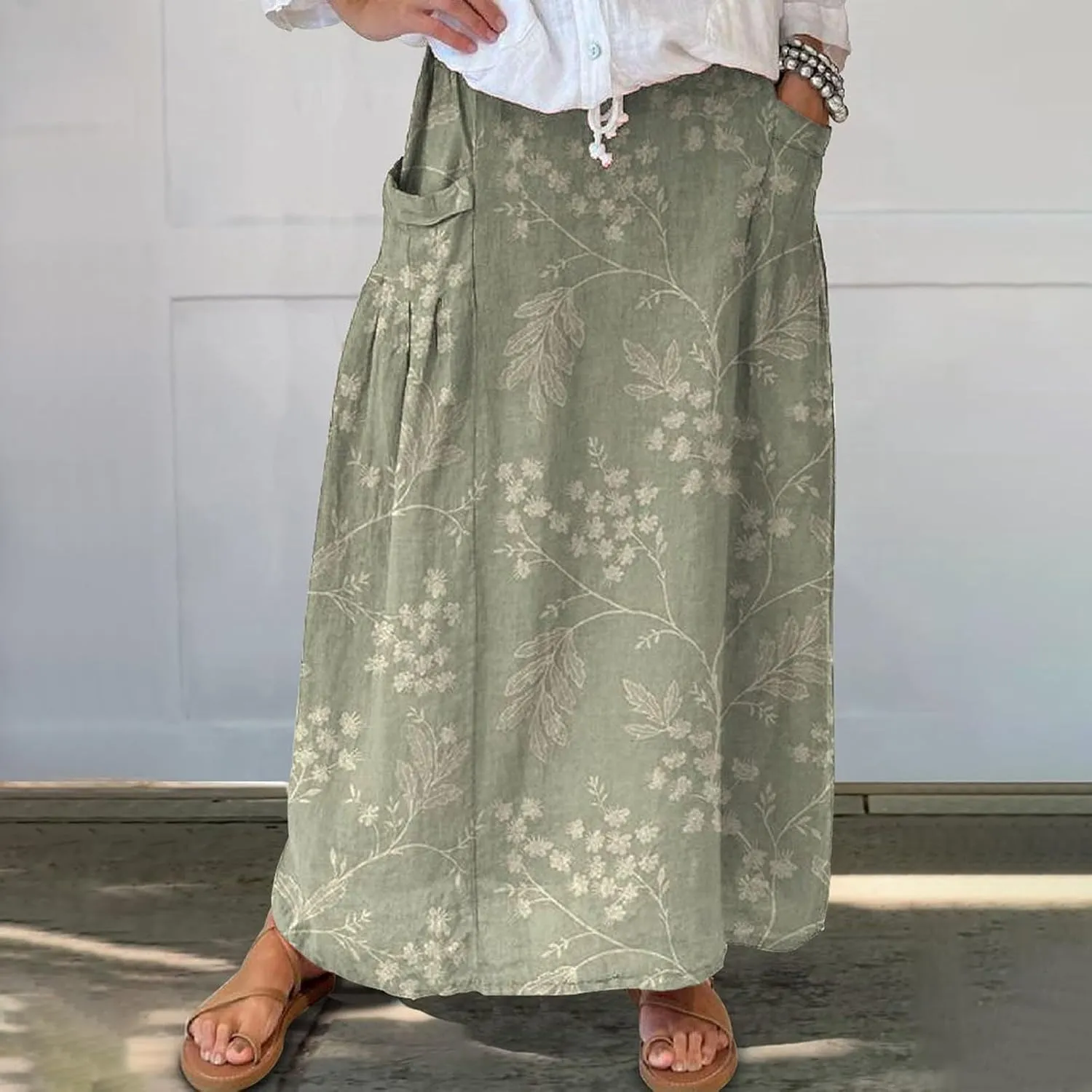 Women's Floral Skirts Long Boho Linen Skirts Casual Summer Vintage Elastic Waist Vacation Beach Skirts with Pockets
