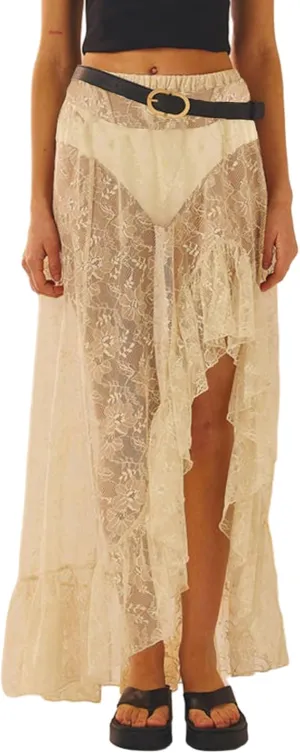 Women's Lace Long Skirts Vintage High Waist Solid Color Asymmetrical Hem Ruffle Midi Skirts Flowy Skirts