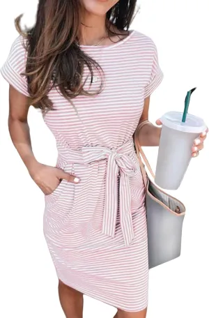 Women's Summer Dresses Striped Short Sleeve Croop Neck T Shirt Dress Tie Waist Fashion Trendy Dressy Sundress 2025