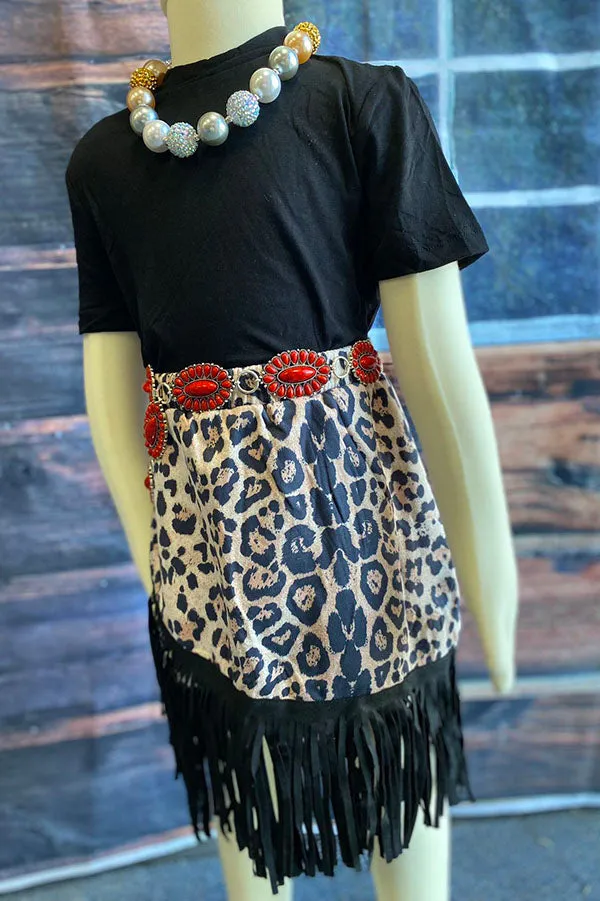XCH04004 Black short sleeve top suede leopard skirts with fringe 2pcs girls sets