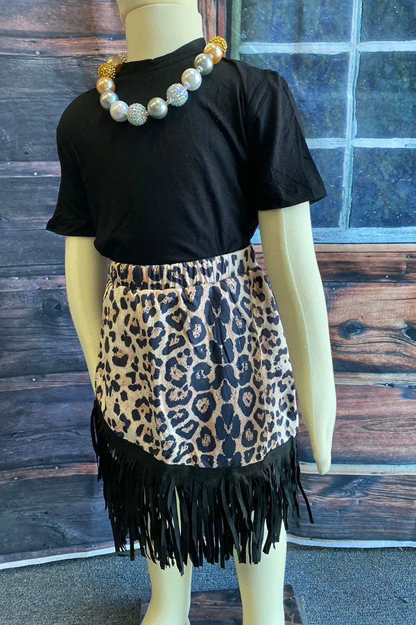XCH04004 Black short sleeve top suede leopard skirts with fringe 2pcs girls sets