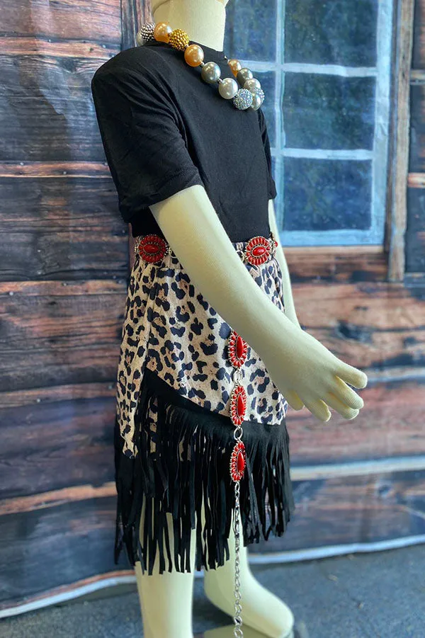XCH04004 Black short sleeve top suede leopard skirts with fringe 2pcs girls sets