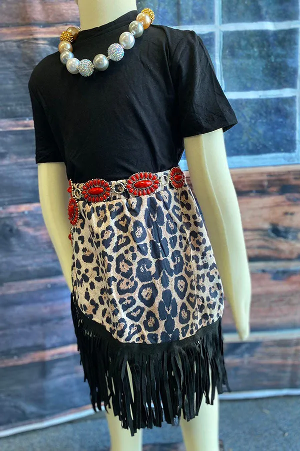 XCH04004 Black short sleeve top suede leopard skirts with fringe 2pcs girls sets