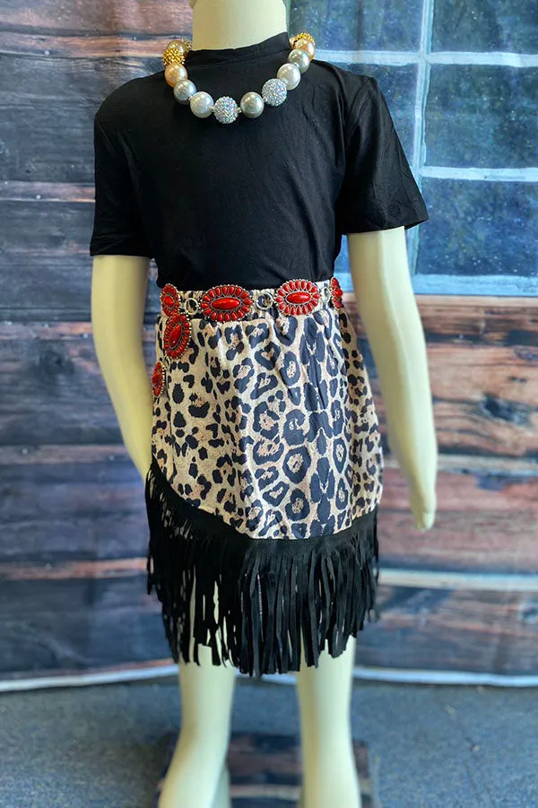 XCH04004 Black short sleeve top suede leopard skirts with fringe 2pcs girls sets
