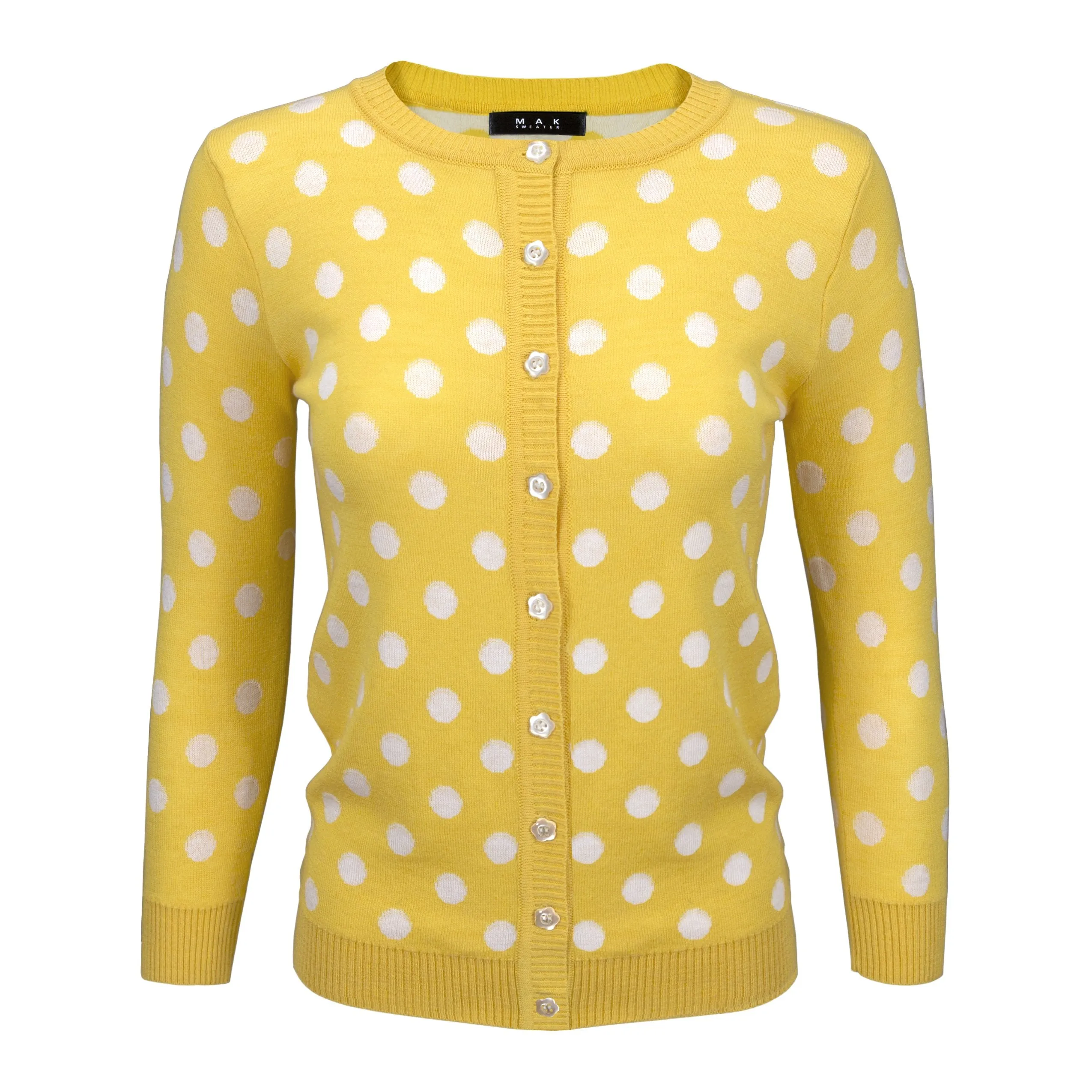 YEMAK Women's Polka Dot Cute Jacquard Crewneck Button Down Sweater Cardigan MK3104