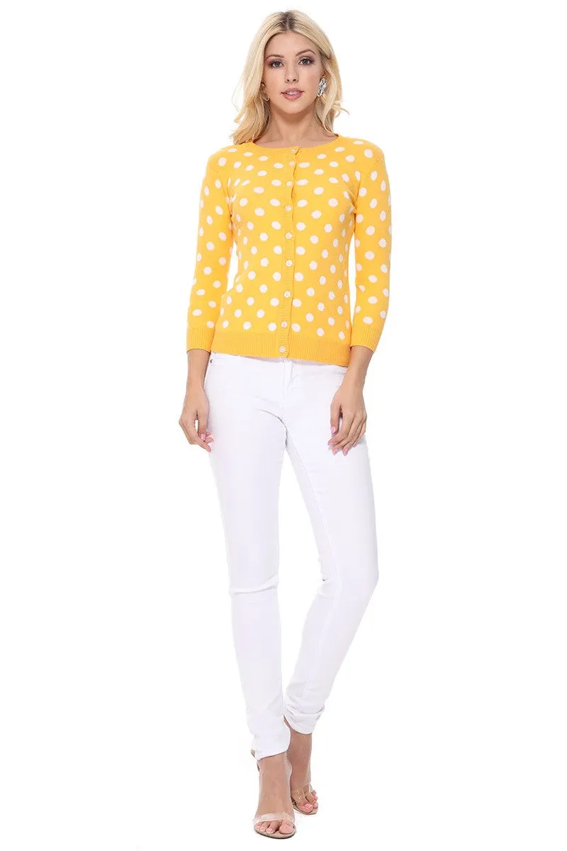 YEMAK Women's Polka Dot Cute Jacquard Crewneck Button Down Sweater Cardigan MK3104
