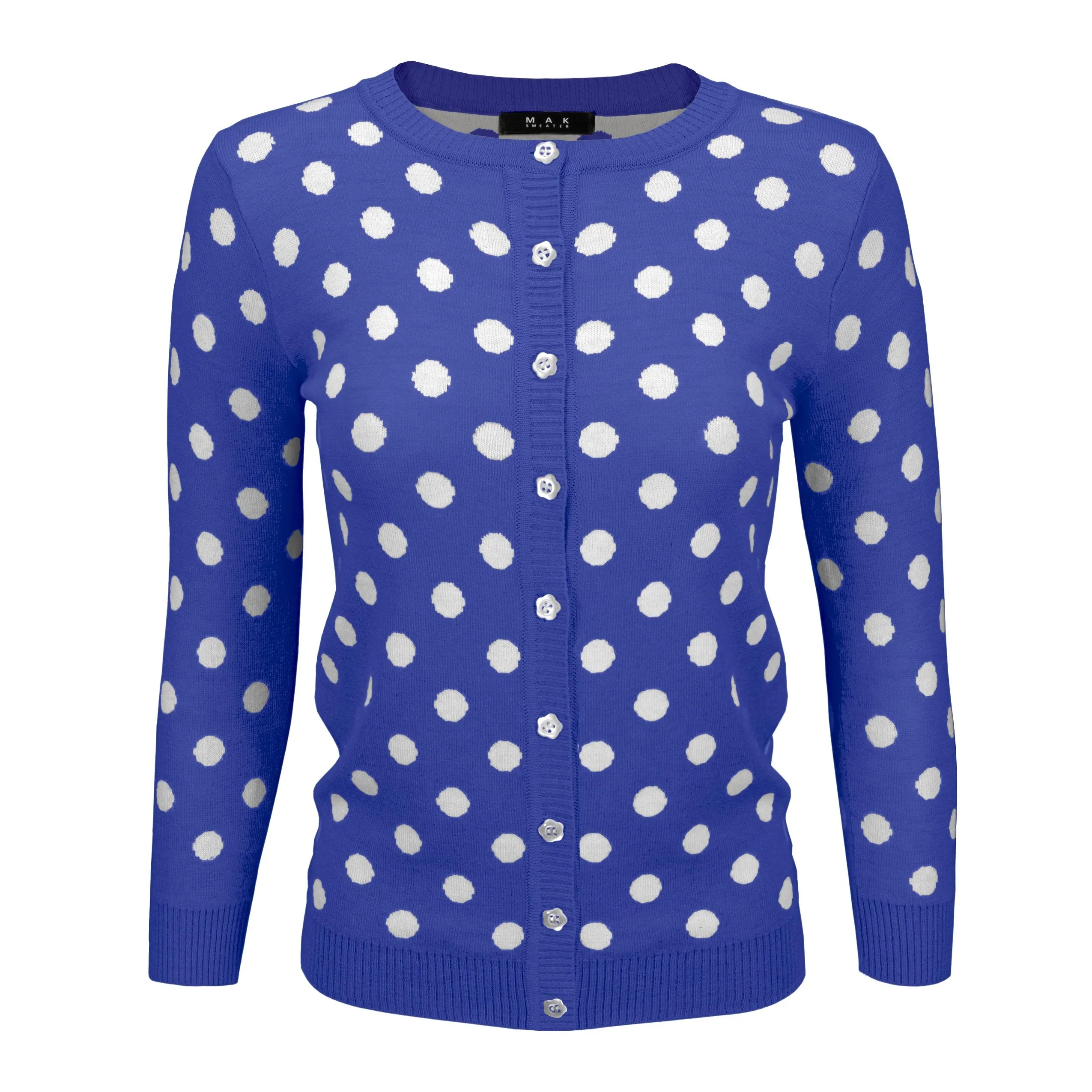 YEMAK Women's Polka Dot Cute Jacquard Crewneck Button Down Sweater Cardigan MK3104