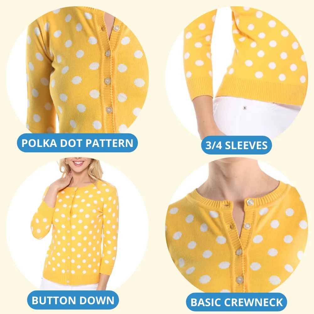 YEMAK Women's Polka Dot Cute Jacquard Crewneck Button Down Sweater Cardigan MK3104
