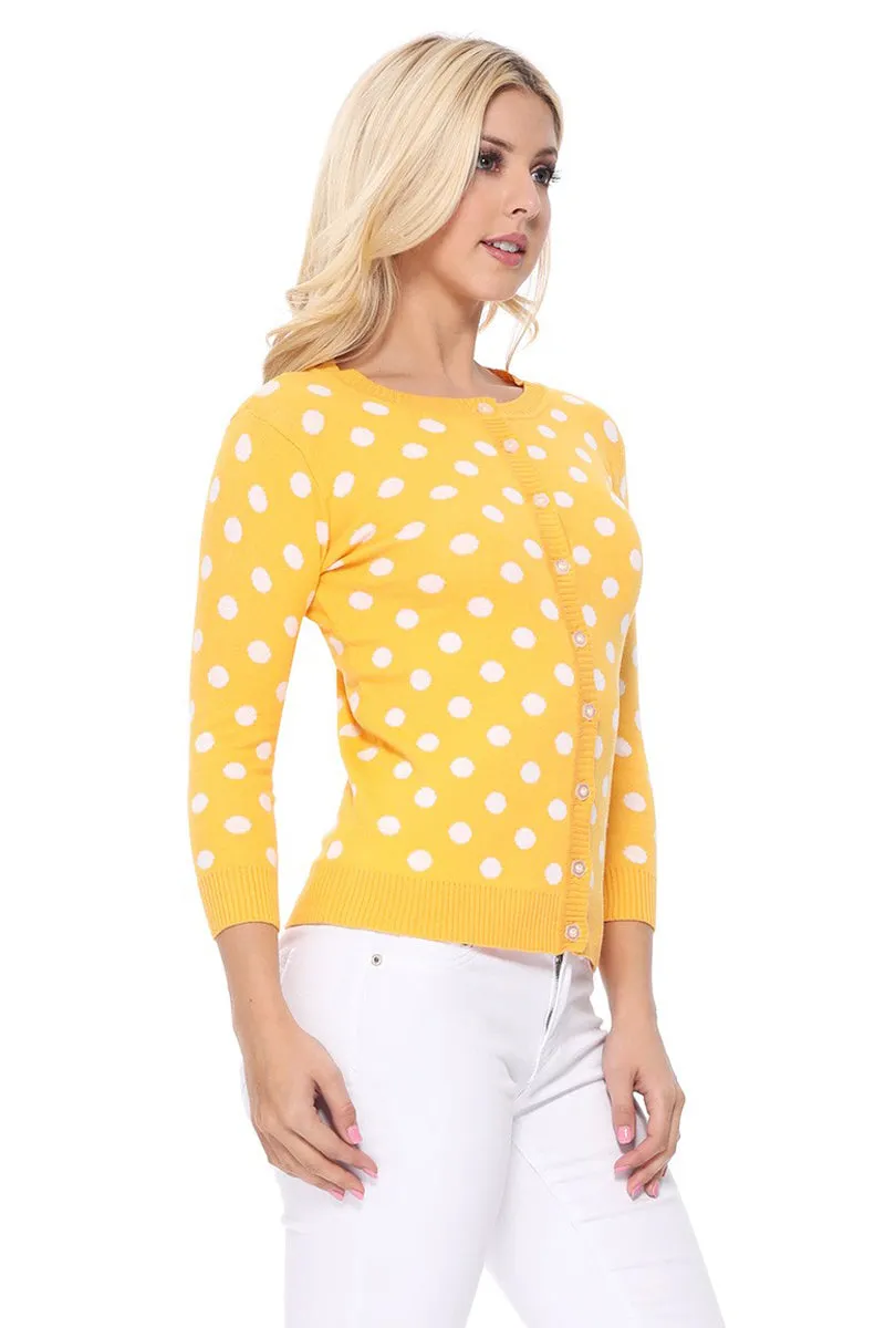 YEMAK Women's Polka Dot Cute Jacquard Crewneck Button Down Sweater Cardigan MK3104