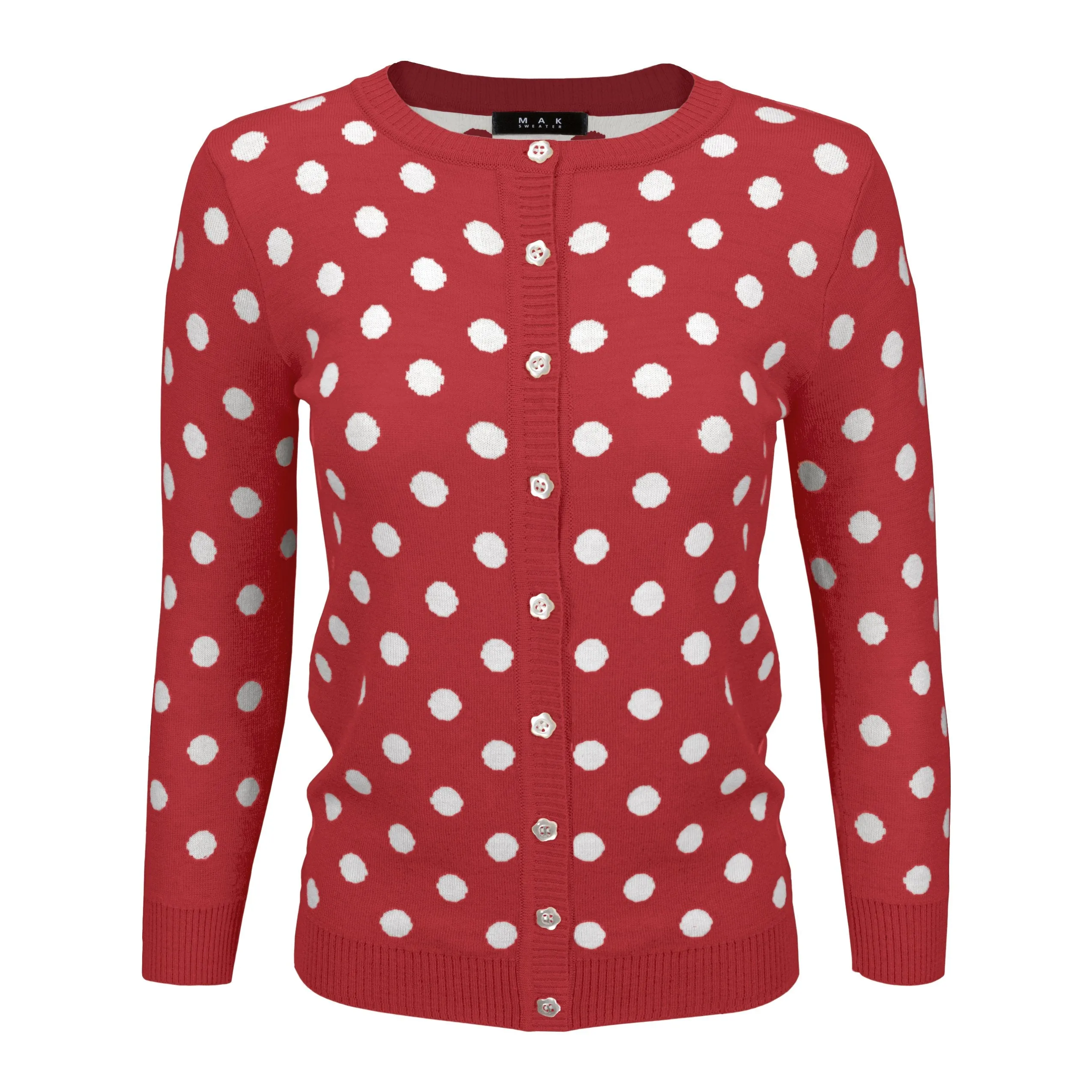 YEMAK Women's Polka Dot Cute Jacquard Crewneck Button Down Sweater Cardigan MK3104