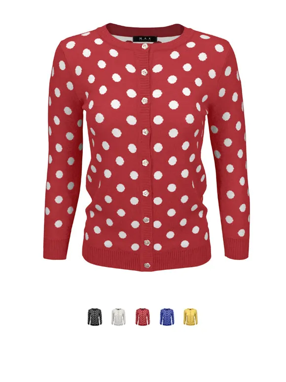 YEMAK Women's Polka Dot Cute Jacquard Crewneck Button Down Sweater Cardigan MK3104
