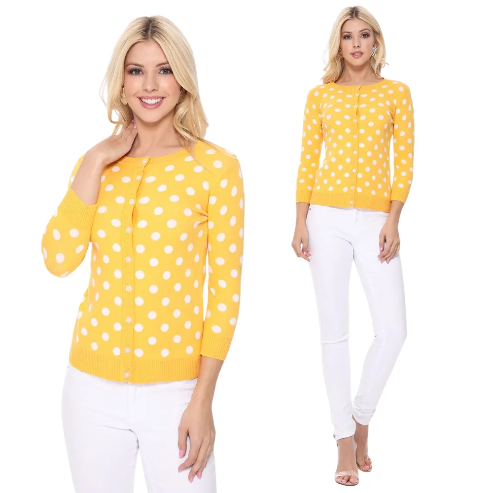 YEMAK Women's Polka Dot Cute Jacquard Crewneck Button Down Sweater Cardigan MK3104