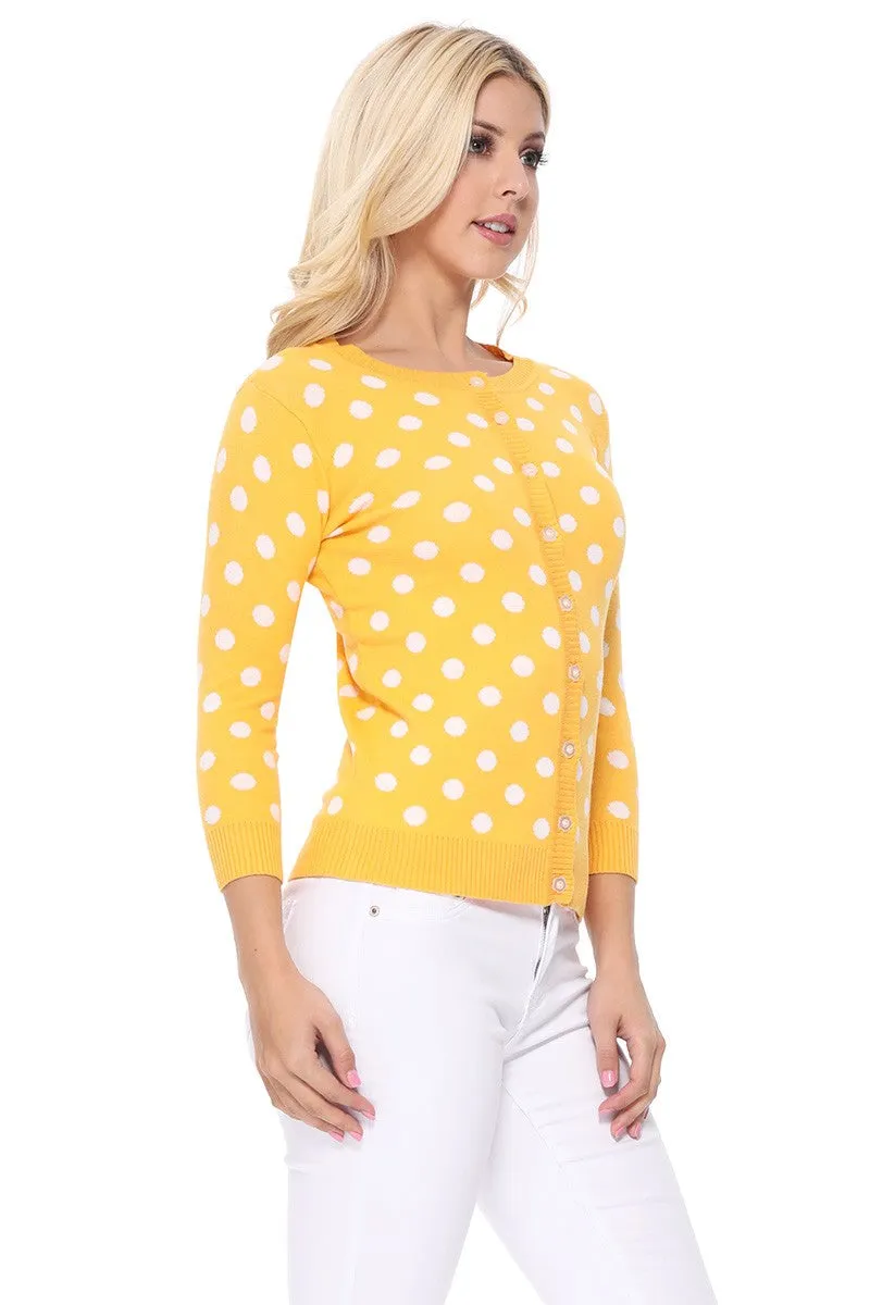 YEMAK Women's Polka Dot Cute Jacquard Crewneck Button Down Sweater Cardigan MK3104