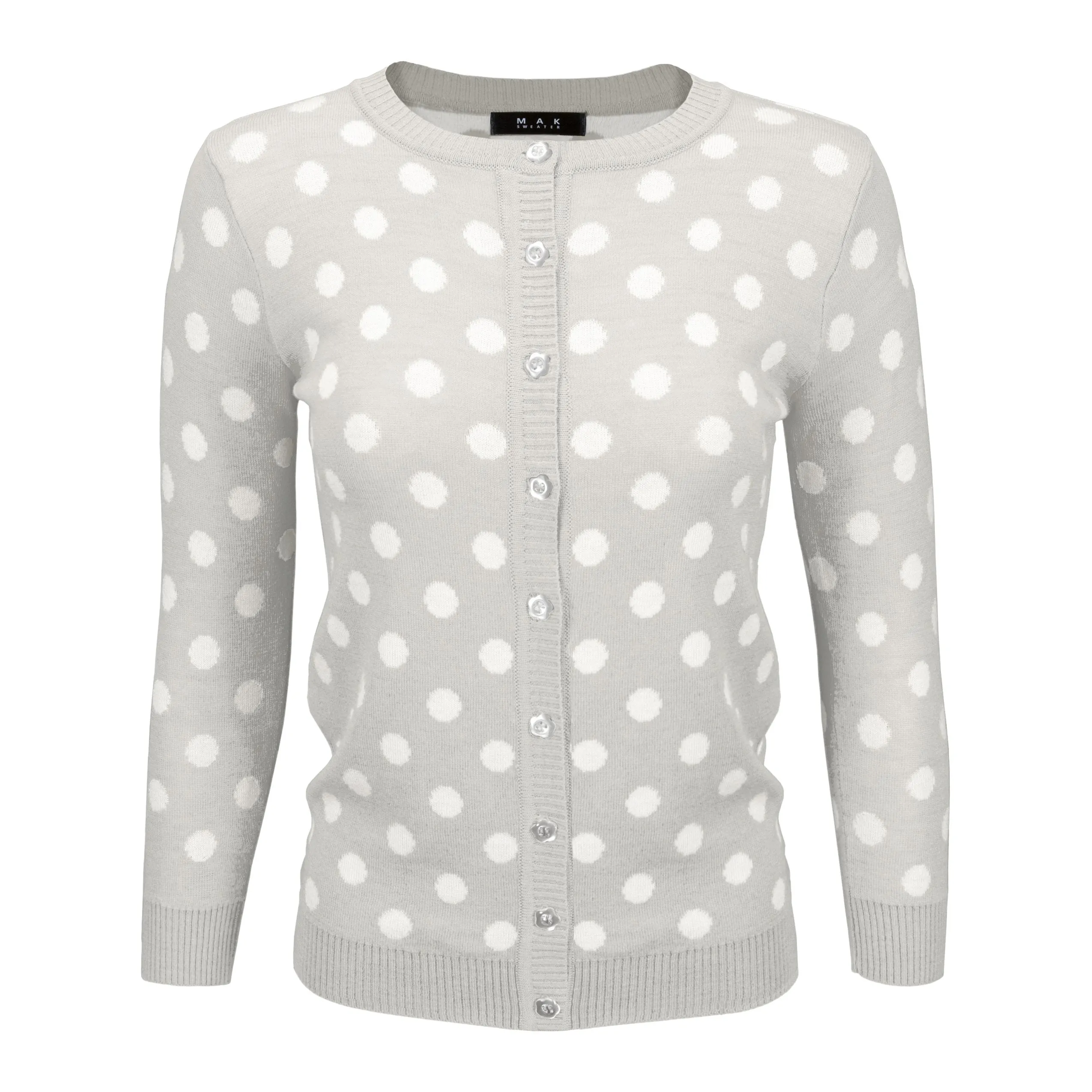 YEMAK Women's Polka Dot Cute Jacquard Crewneck Button Down Sweater Cardigan MK3104